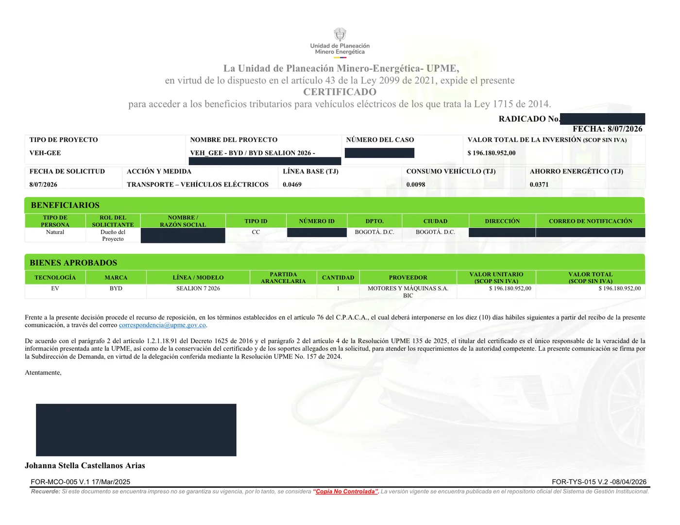 Certificado UPME de un cliente, con los datos personales tapados